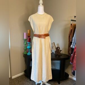 H&M Sleeveless Knit Sweater Dress Cream Beige Midi Length Size L (BELT NOT INCL)